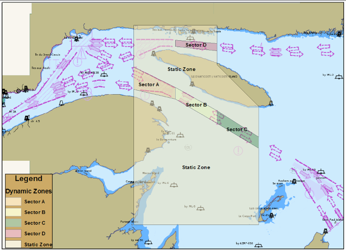 Figure 5-15. Static and dynamic speed reduction zones in the Gulf of St. Lawrence