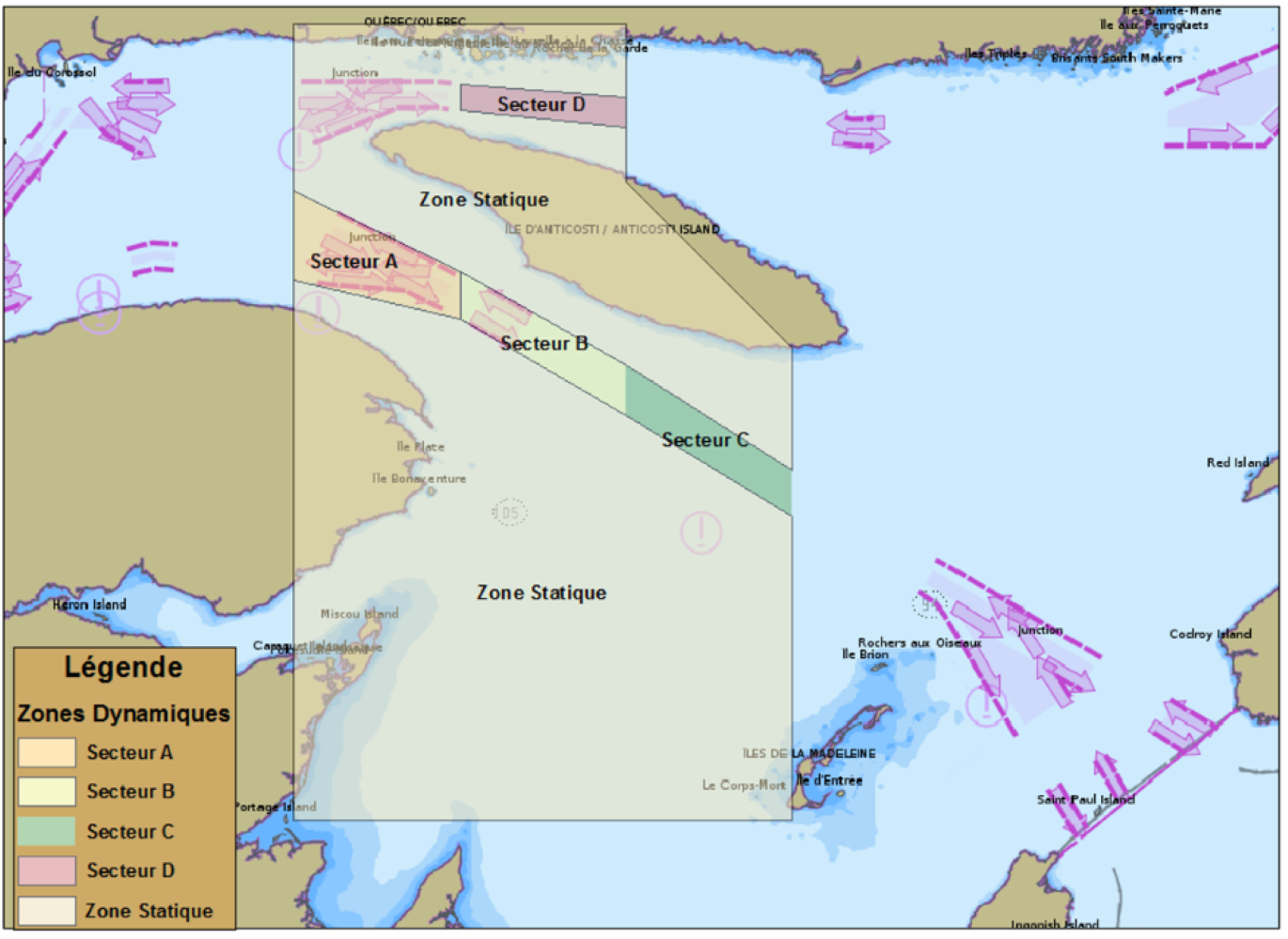 Figure 5-16.  Zones de réduction de vitesse statiques et dynamiques dans le golfe du Saint-Laurent