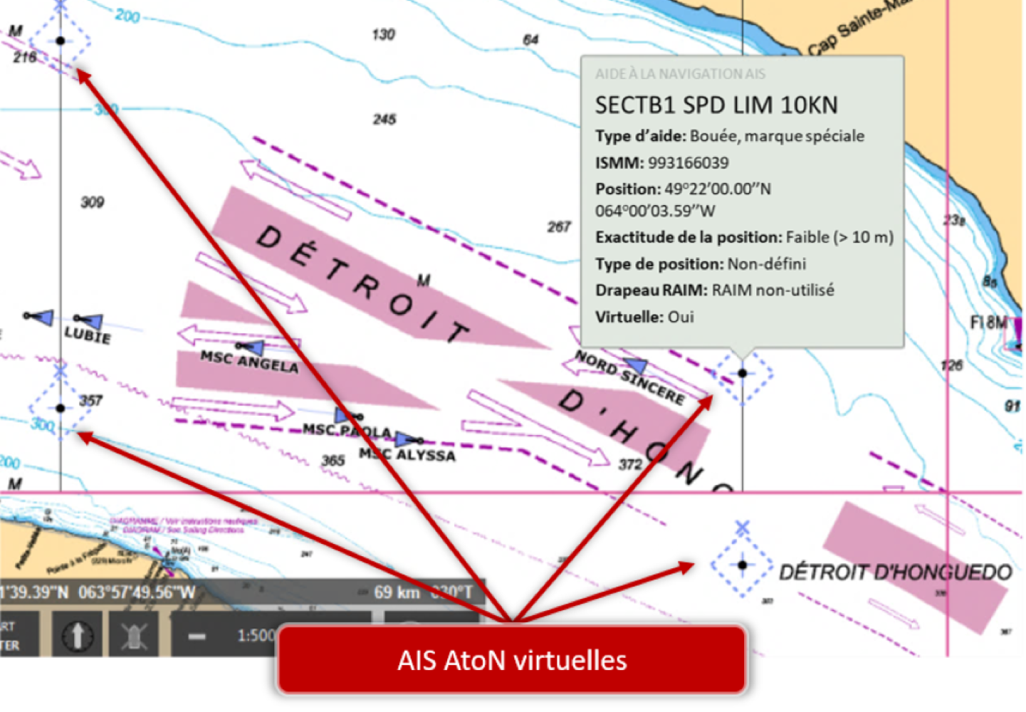 Figure 5-17. Des AIS AtoN virtuelles délimitent les coins des zones de réduction de vitesses activées