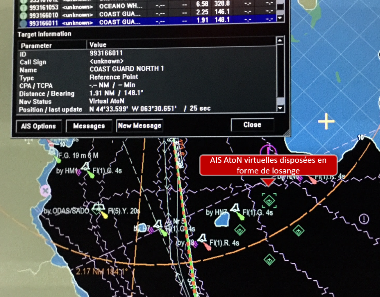 Figure 5-7. Un SEVCM affichant le schéma en losange des AIS AtoN virtuelles à proximité du Port d’Halifax