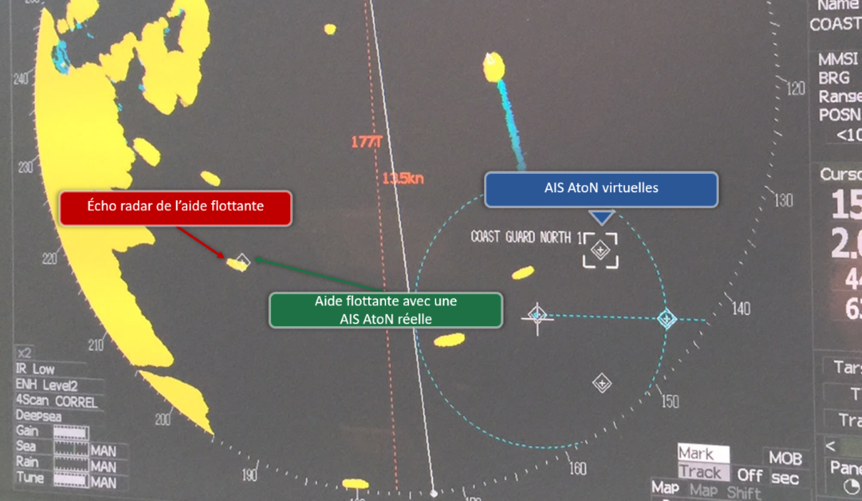 Figure 5-8. Exemple d’affichage d’AIS AtoN réelle sur radar. Notez l’absence d’échos associés avec les AIS AtoN virtuelles